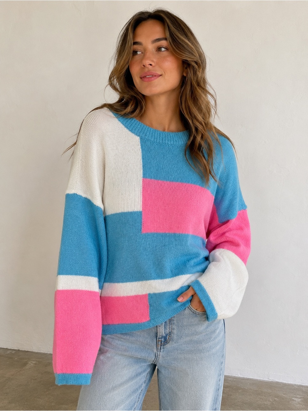 Colorblock Crewneck Sweater in Blue, Pink & White NIP Size XL